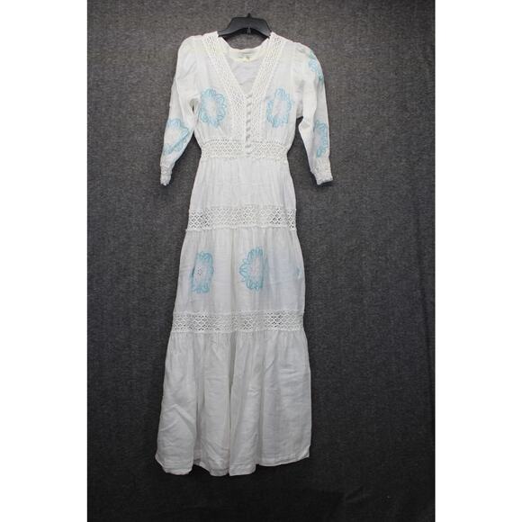 Tyler Boe Linen Dress Celia White Blue Embroidered Maxi Dress Medium - Picture 2 of 9